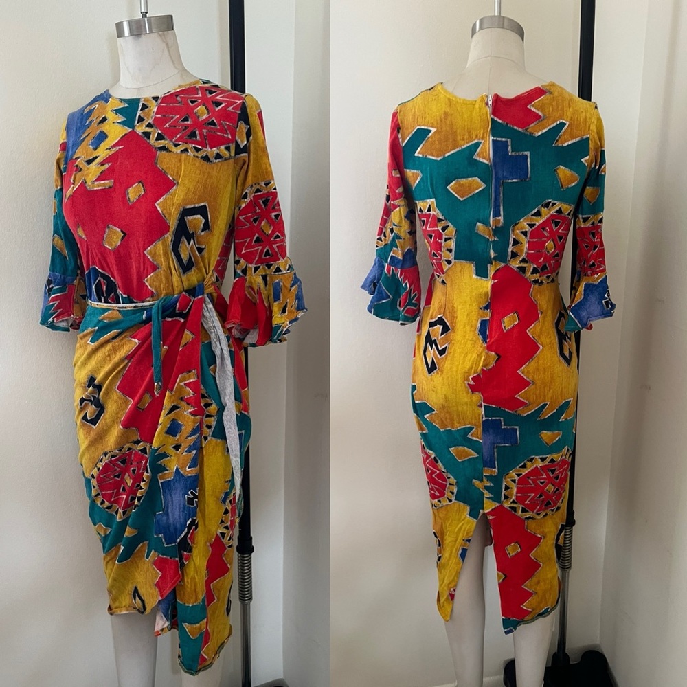 Vintage Gallery Multicolor Asymmetrical Wrap Dress w/ flounce sleeves Sz S 6-8